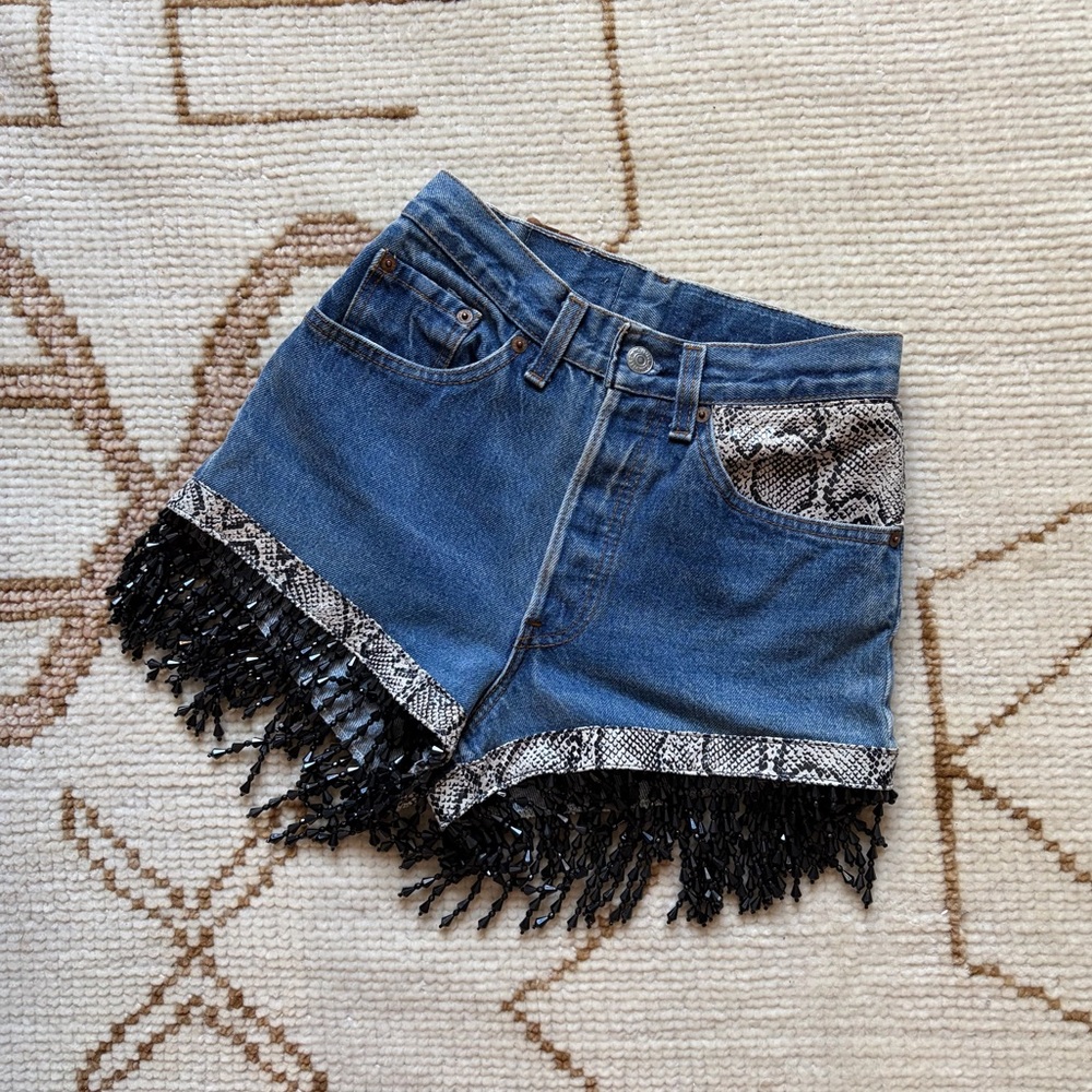 Denim High-Rise Fringe Shorts with Snake Trim - Blue